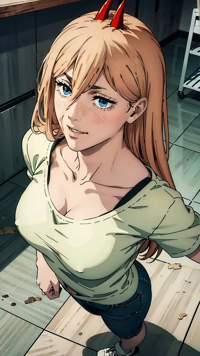 ultra sharp image, beautiful figure, beautiful, full length (full body 1.1.), slender legs, buttocks, slender legs, Wasp waist, erotica, sexy pose, Mouth open in a smile, sharp teeth, laughing, yellow eyes, ultra detailed face, Ultra transparent, Chainsaw Man Energy, Two red sharp horns on the head, ultra sharp image, very beautiful, long hair, blonde, beautiful figure, tight clothes, T-shirt with the image of a cat, denim shorts, shoes, Red crosses and circles instead of pupils, Beautiful body, sexy clothes, Beautiful eyes, very detailed eyes, Very detailed face, Beautiful body, Chereter Design, Very detailed, detailed body, detailed hands, detailed, bright, detailed Face, sharp focus, clap, Artgerm, anime art, bright, detailed Face, Hugh Details, sharp focus, Very downcast face, detailed eyes, Super lovely illustration, best shadow, finely detail, beautiful detail