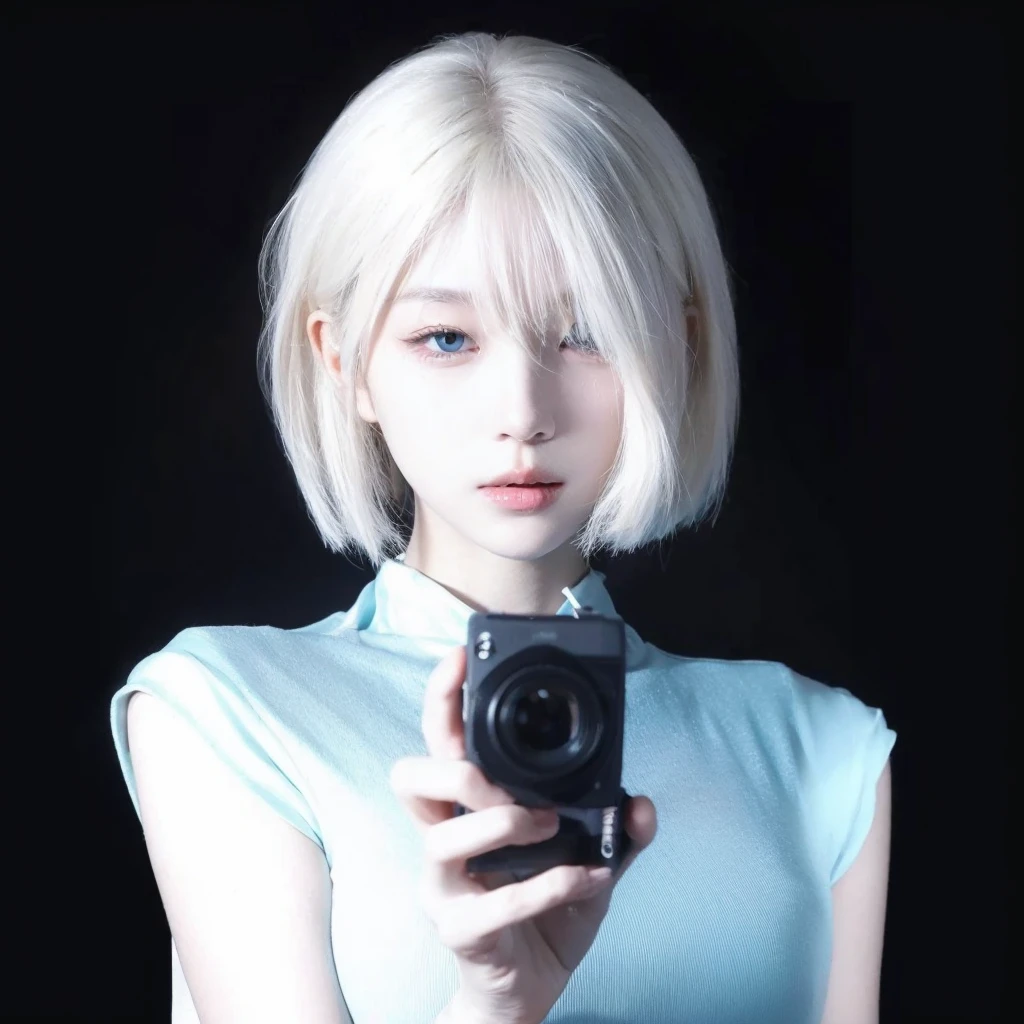 Short white-blond hair，Pure black background，