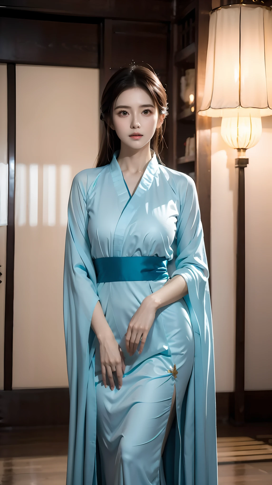 (masterpiece, best quality:1.2),1girl,Hanfu,front，Standing，（whole body：1.5），Dynamic poses，Bright eyes，Bright Eyes，Put your hands on your chest，