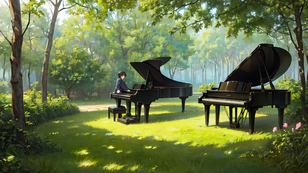 A grand piano placed under a large tree、The soft sunlight filtering through the trees makes it sparkle.、One grand piano、There is no one、With Makoto Shinkai-esque illustration touch、Rough anime style