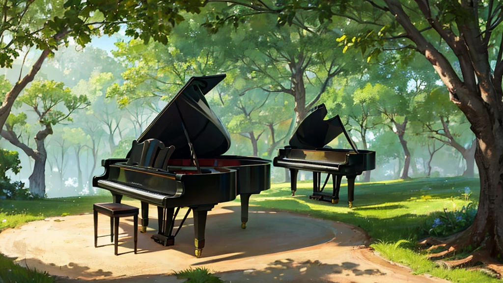 A grand piano placed under a large tree、The soft sunlight filtering through the trees makes it sparkle.、One grand piano、There is no one、With Makoto Shinkai-esque illustration touch、Rough anime style