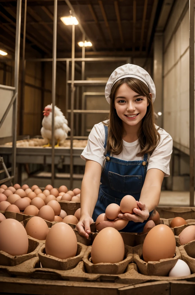 happy young woman working with chicken eggs in a chicken egg factory, face perfect, ultra HD, 8K