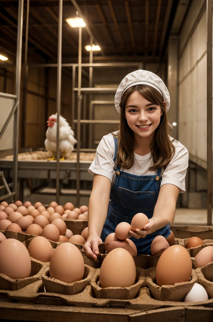 happy young woman working with chicken eggs in a chicken egg factory, face perfect, ultra HD, 8K