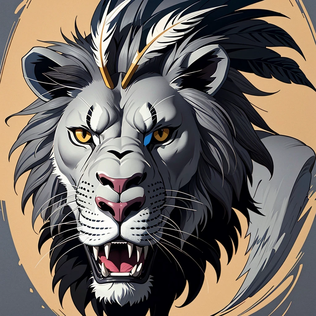 mictecacihuatl lion god of death black and grey vector style , highly detailed lion as face with feather headdress 