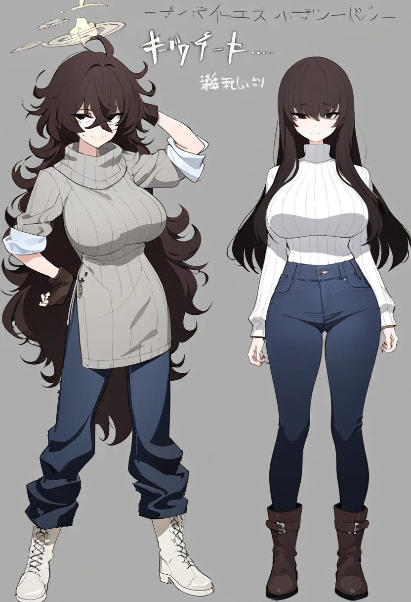 One Woman,Downer,older sister,Concept Art,Dark brown hair,Straight hair with slight inward curls,Staring eyes,Eye Ridge,black eye,Crossed bangs,whole body,smile,Larger breasts,Gray background,Bangs that reach down to the eyes,Messy hair,Tight dark jeans,Gray turtleneck sweater,Multiple views of the same character,Character Design,Dark circles under the eyes,Bad look,Listless,Sloppy,Silver Jewelry,Cafe staff,whole bodyCharacter Design,Detailed hands,Height: 170cm,boots,fleshy,