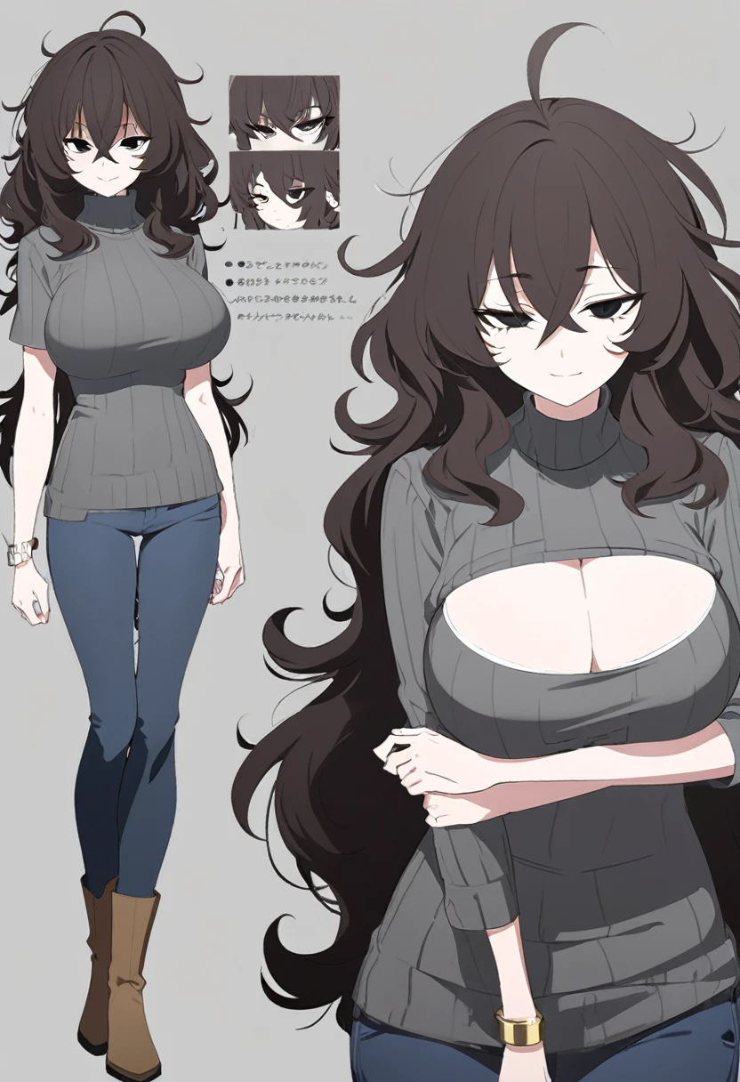 One Woman,Downer,older sister,Concept Art,Dark brown hair,Straight hair with slight inward curls,Staring eyes,Eye Ridge,black eye,Crossed bangs,whole body,smile,Larger breasts,Gray background,Bangs that reach down to the eyes,Messy hair,Tight dark jeans,Gray turtleneck sweater,Multiple views of the same character,Character Design,Dark circles under the eyes,Bad look,Listless,Sloppy,Silver Jewelry,Cafe staff,whole bodyCharacter Design,Detailed hands,Height: 170cm,boots,fleshy,