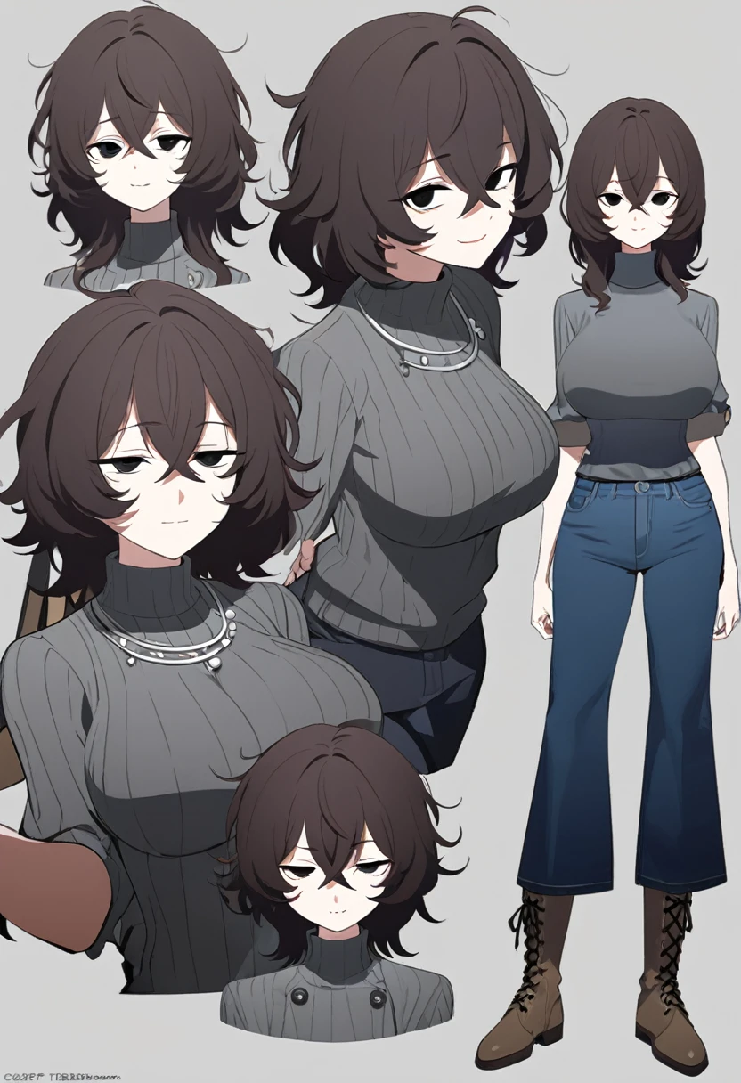 One Woman,Downer,older sister,Concept Art,Dark brown hair,Straight hair with slight inward curls,Staring eyes,Eye Ridge,black eye,Crossed bangs,whole body,smile,Larger breasts,Gray background,Bangs that reach down to the eyes,Messy hair,Tight dark jeans,Gray turtleneck sweater,Multiple views of the same character,Character Design,Dark circles under the eyes,Bad look,Listless,Sloppy,Silver Jewelry,Cafe staff,whole bodyCharacter Design,Detailed hands,Height: 170cm,boots,fleshy,