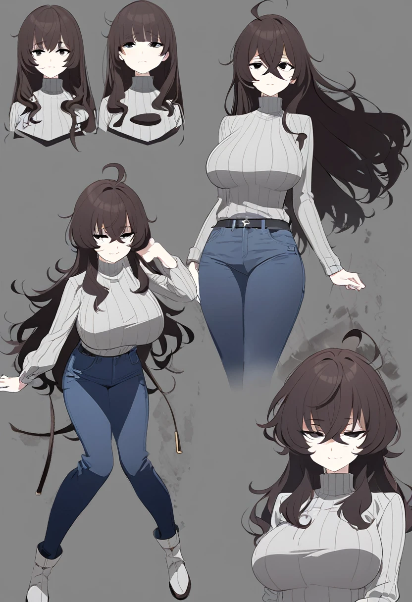 One Woman,Downer,older sister,Concept Art,Dark brown hair,Straight hair with slight inward curls,Staring eyes,Eye Ridge,black eye,Crossed bangs,whole body,smile,Larger breasts,Gray background,Bangs that reach down to the eyes,Messy hair,Tight dark jeans,Gray turtleneck sweater,Multiple views of the same character,Character Design,Dark circles under the eyes,Bad look,Listless,Sloppy,Silver Jewelry,Cafe staff,whole bodyCharacter Design,Detailed hands,Height: 170cm,boots,fleshy,