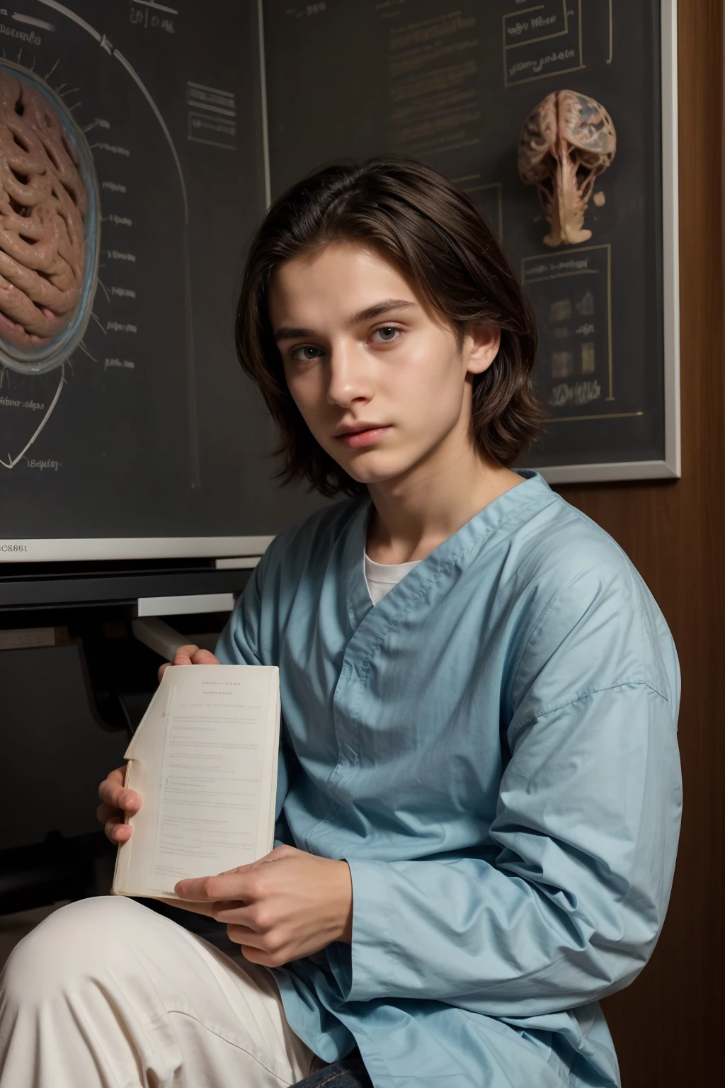 A young male twinks, cute, beautiful, feminine, with a beautiful face with makeup, black hair, and his eyes have dark circles under them. He is wearing a long-sleeved aquamarine shirt and white jeans. He is in the College of Medicine, studying on the blackboard with brain anatomy written on it. He is sitting at a desk with scientific books on it.  Medical and brain anatomy manuscripts