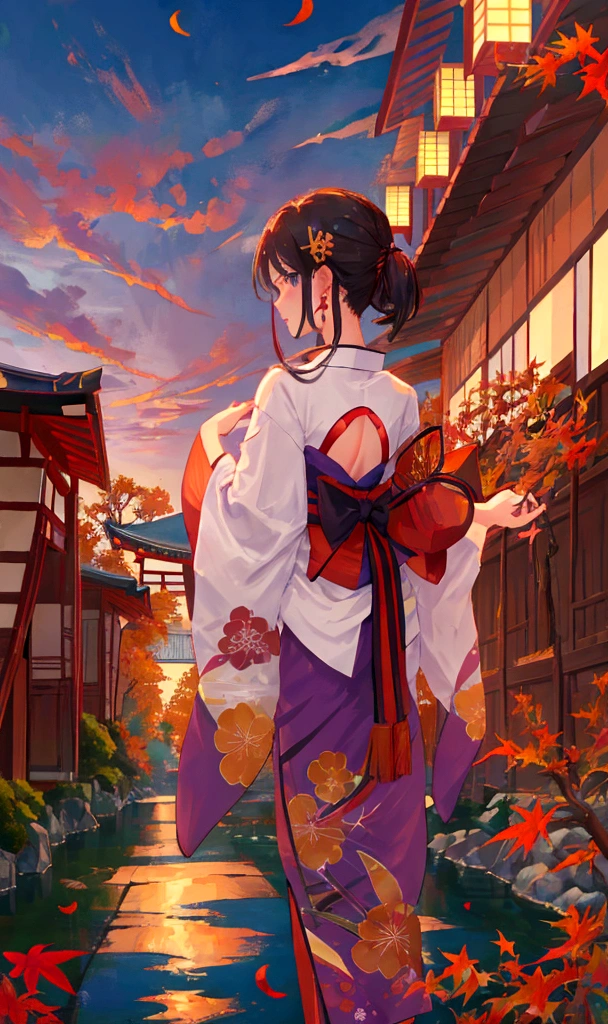 Autumn evening、Back view of a standing girl、Japanese style、Japanese Landscape、