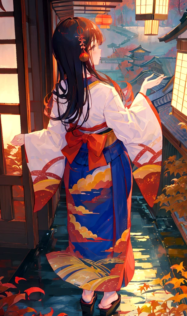 Autumn evening、Back view of a standing girl、Japanese style、Japanese Landscape、