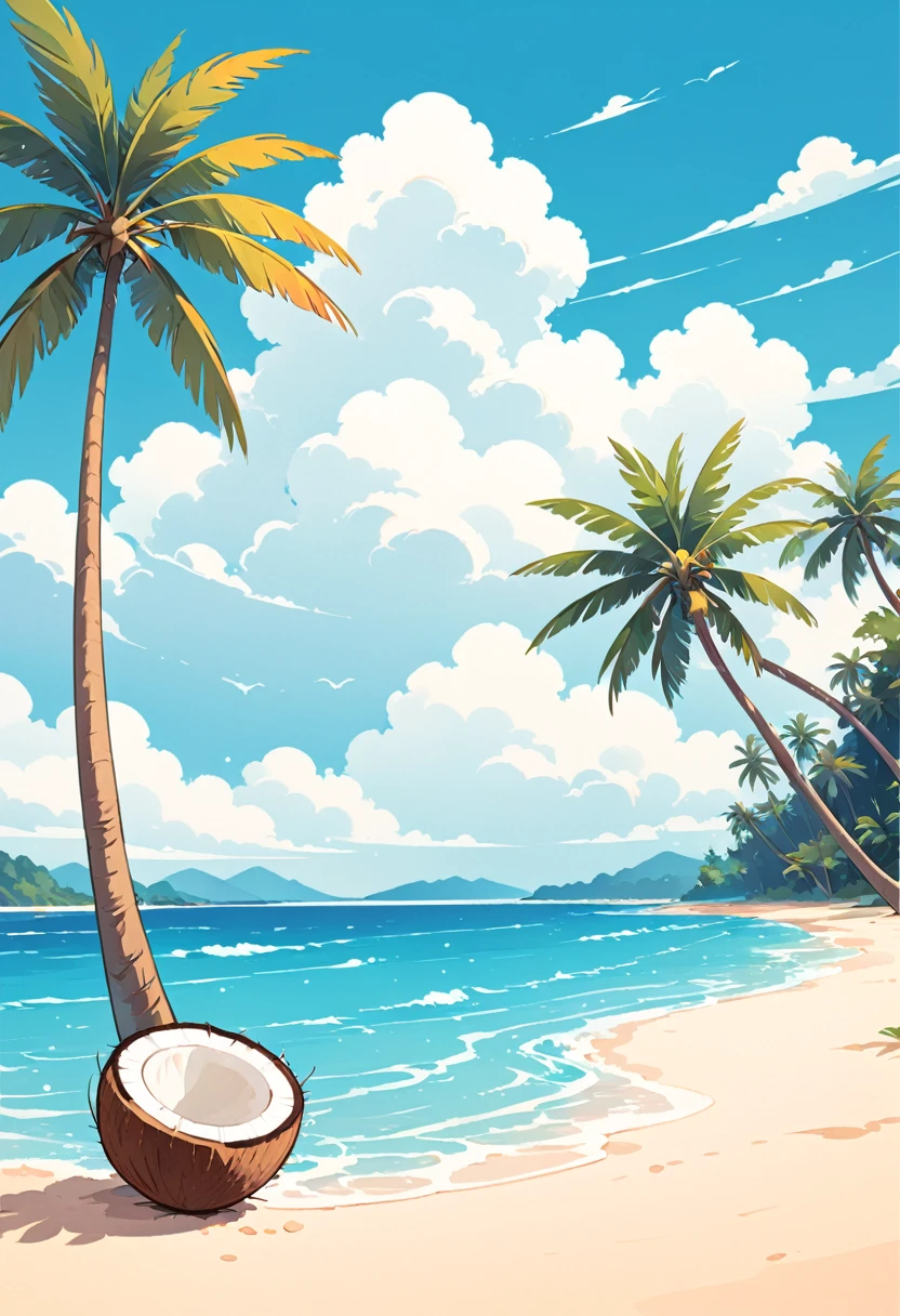 coconut tree，Cartoon，summer，Illustration style，Vector illustration，Blue seaside，White clouds，Simple picture，Fresh，vibrant hues；