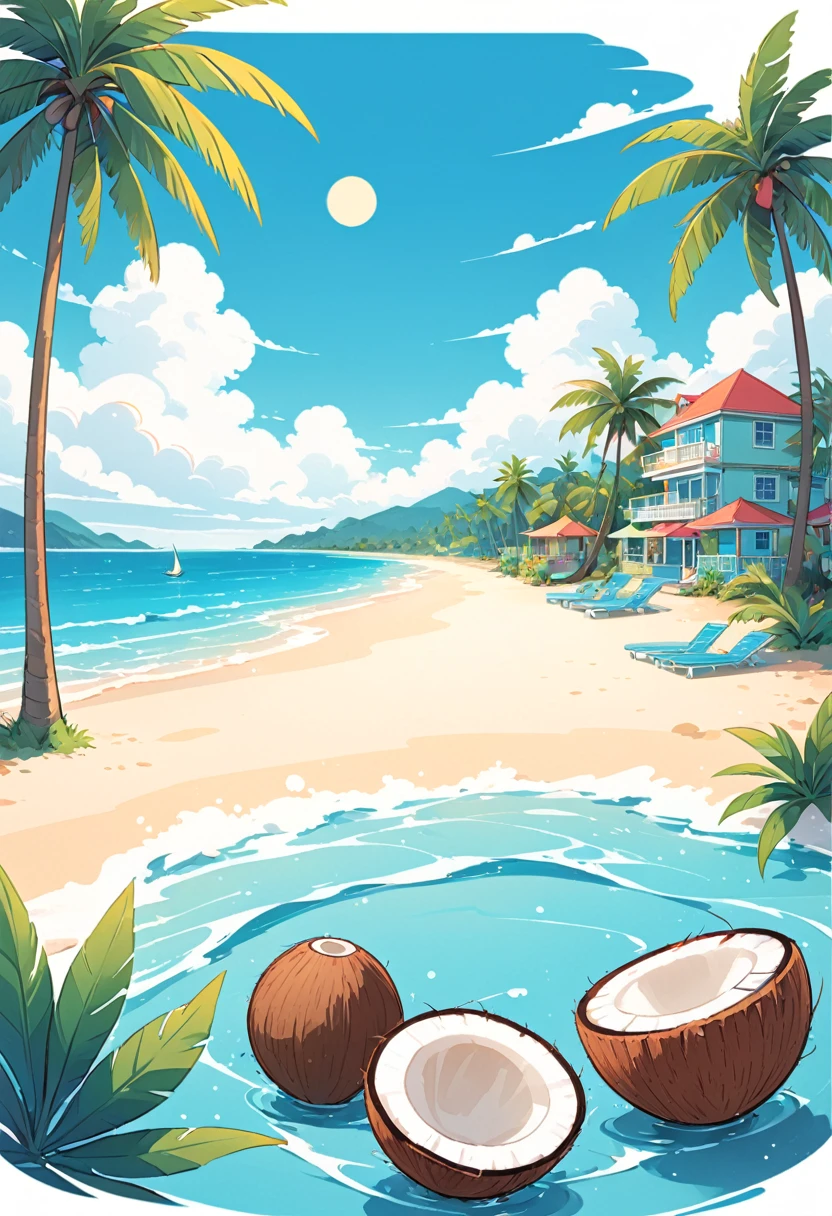 coconut tree，Cartoon，summer，Illustration style，Vector illustration，Blue seaside，White clouds，Simple picture，Fresh，vibrant hues；