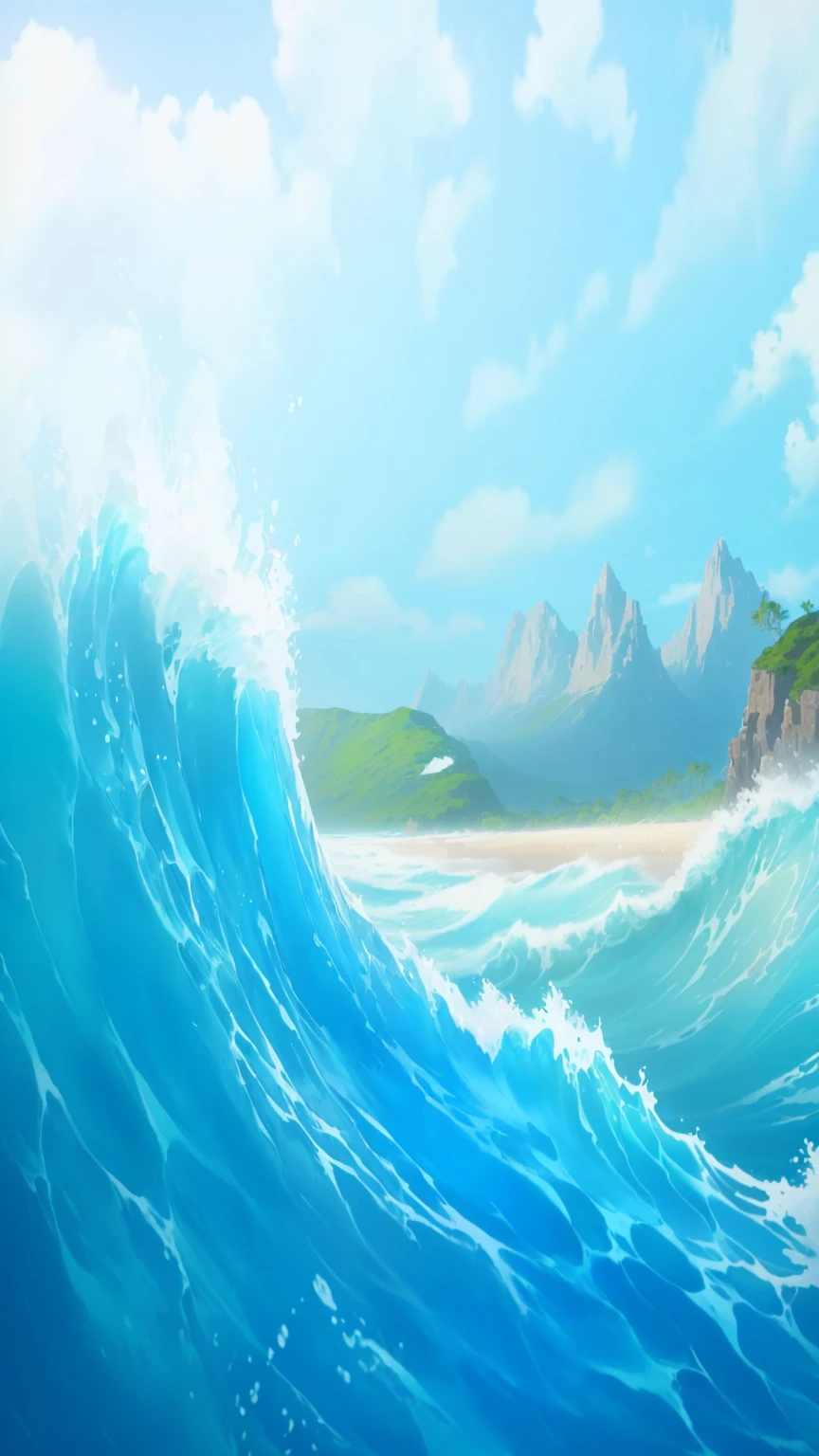 A painting depicting waves crashing on the beach，A painting with a mountain in the background, wild ocean background, background technologywork, Island Background, Breeze Background, background technology, ocean background, Sea background, ocean, tropical ocean, Amazing wallpapers, Beach Background, Detailed sea, Beautiful background, 4k hd wallpaper illustration, Amazing background, A beautiful artistic illustration, Wallpaper HD beautiful, Fantasy seascape