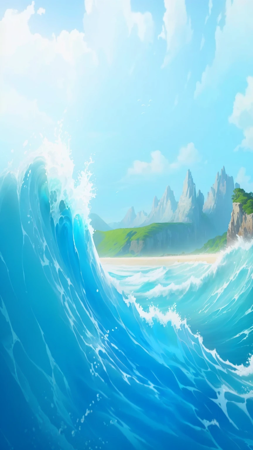 A painting depicting waves crashing on the beach，A painting with a mountain in the background, wild ocean background, background technologywork, Island Background, Breeze Background, background technology, ocean background, Sea background, ocean, tropical ocean, Amazing wallpapers, Beach Background, Detailed sea, Beautiful background, 4k hd wallpaper illustration, Amazing background, A beautiful artistic illustration, Wallpaper HD beautiful, Fantasy seascape