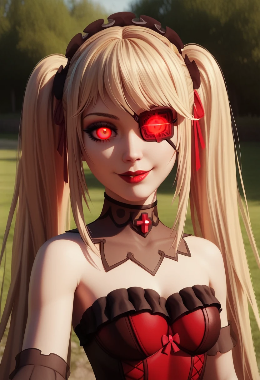 (8k, 4k, best quality, highres, ultra high res:1.1), (masterpiece, realistic, photo-realistic:1.1), 1girl,  face, close-up, twintails, blonde hair, black eyes, red lips,  (looking at viewer:2), absurdly long hair, long eyelashes, eyeshadow,  small face, big eyes,
 shoulders,
high contrast, masterpiece, best quality, ((dynamic_angle)),outdoors,

1 girl solo,((medical))_eyepatch,red_eyes,loose_hair,very_long_hair,gothic_lolita,hair_flower,glowing_eyes,floating_hair,smile,

