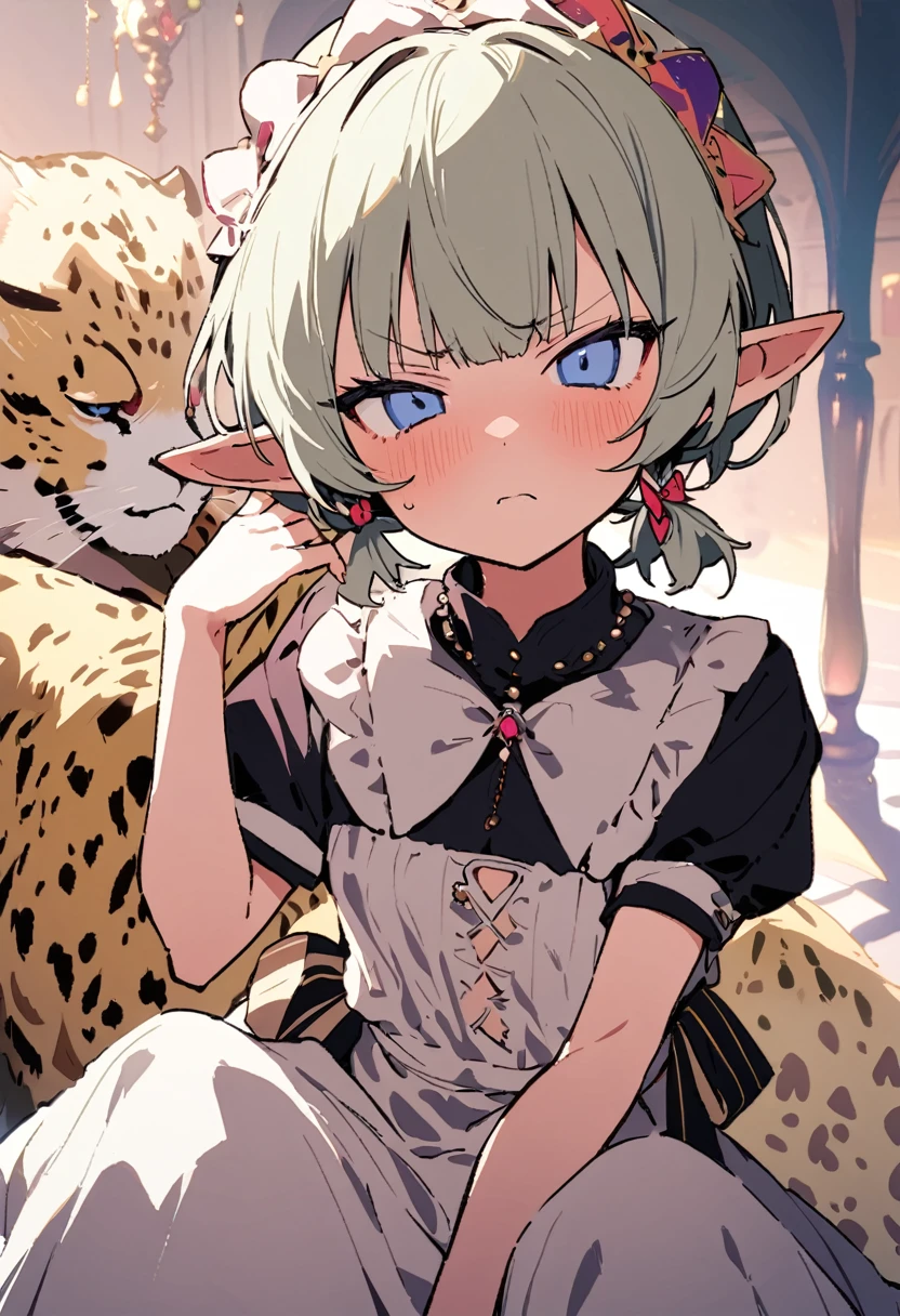 masterpiece, Highest quality, Illustration of the novel, High resolution, 18+ Adult content, Sensual, Intimate, Emotional, Passionate, romantic, sweet, Adorable, Innocent, Pure, charmな, charmな, charm, mysterious, charmな, charmな, Immersive, charmな, dream-like, Surreal, Imaginative, Whimsical, Artistic, Avant-garde, timeless, elegant, Sophisticated, chic, Sophisticated, Personality, original, charmな,((Loli Elf:1.3)),((A look of disgust:1.3))、Upper Body、(A Cheetah/A cheetah/Cheetah Dress:1.3)