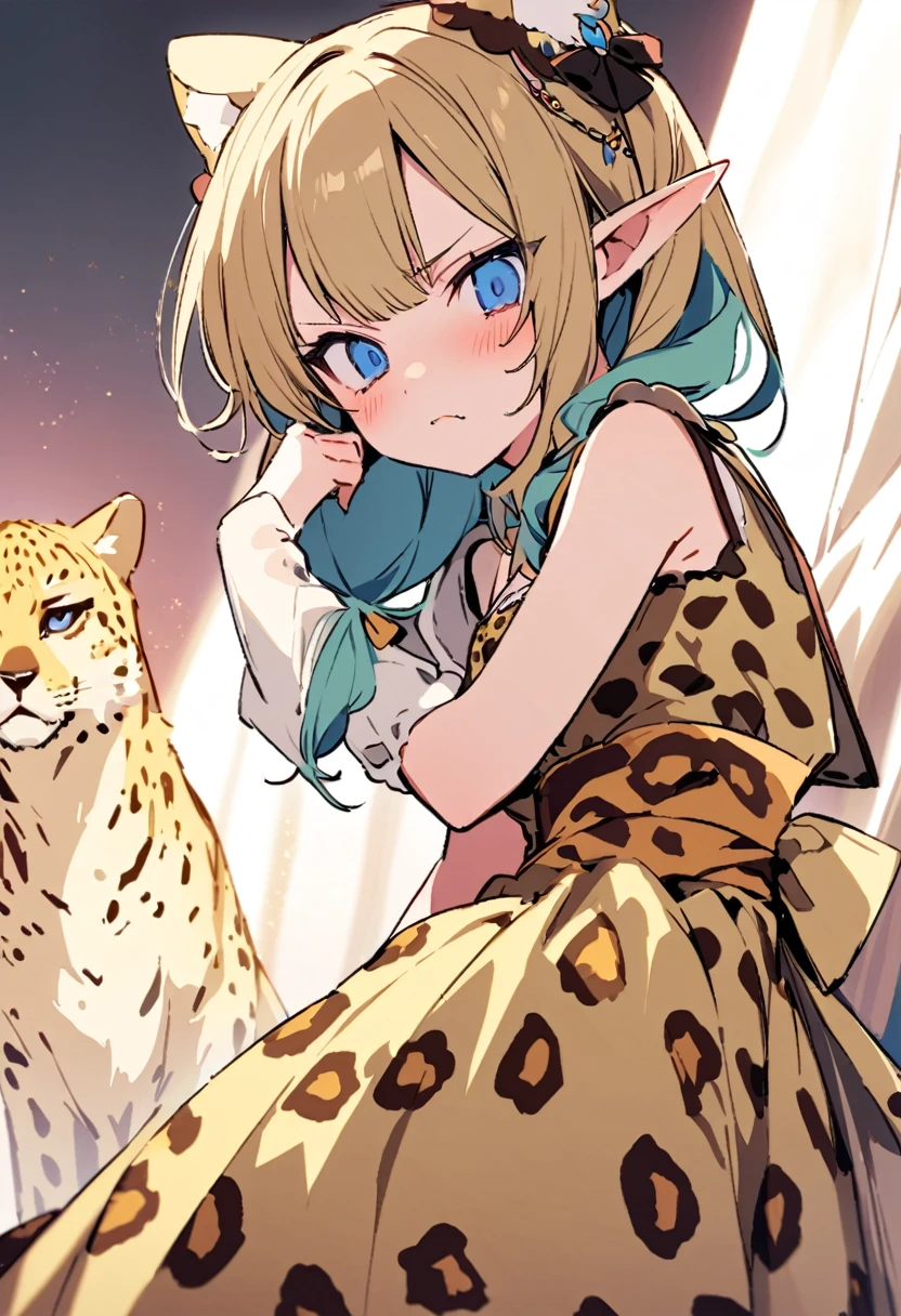 masterpiece, Highest quality, Illustration of the novel, High resolution, 18+ Adult content, Sensual, Intimate, Emotional, Passionate, romantic, sweet, Adorable, Innocent, Pure, charmな, charmな, charm, mysterious, charmな, charmな, Immersive, charmな, dream-like, Surreal, Imaginative, Whimsical, Artistic, Avant-garde, timeless, elegant, Sophisticated, chic, Sophisticated, Personality, original, charmな,(( Elf:1.3)),((A look of disgust:1.3))、Upper Body、(A Cheetah/A cheetah/Cheetah Dress:1.3)