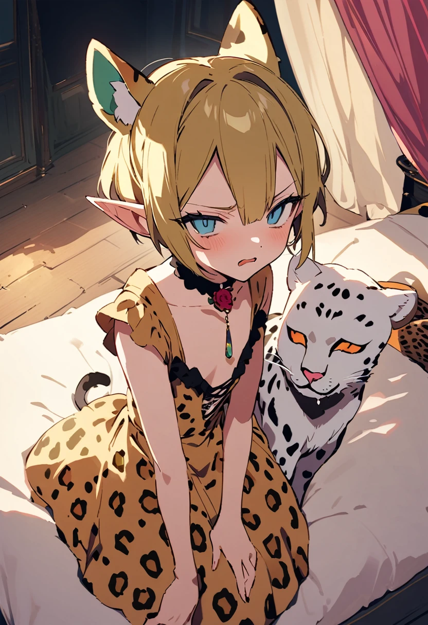 masterpiece, Highest quality, Illustration of the novel, High resolution, 18+ Adult content, Sensual, Intimate, Emotional, Passionate, romantic, sweet, Adorable, Innocent, Pure, charmな, charmな, charm, mysterious, charmな, charmな, Immersive, charmな, dream-like, Surreal, Imaginative, Whimsical, Artistic, Avant-garde, timeless, elegant, Sophisticated, chic, Sophisticated, Personality, original, charmな,((Loli Elf:1.3)),((A look of disgust:1.3))、Upper Body、(A Cheetah/A cheetah/Cheetah Dress:1.3)
