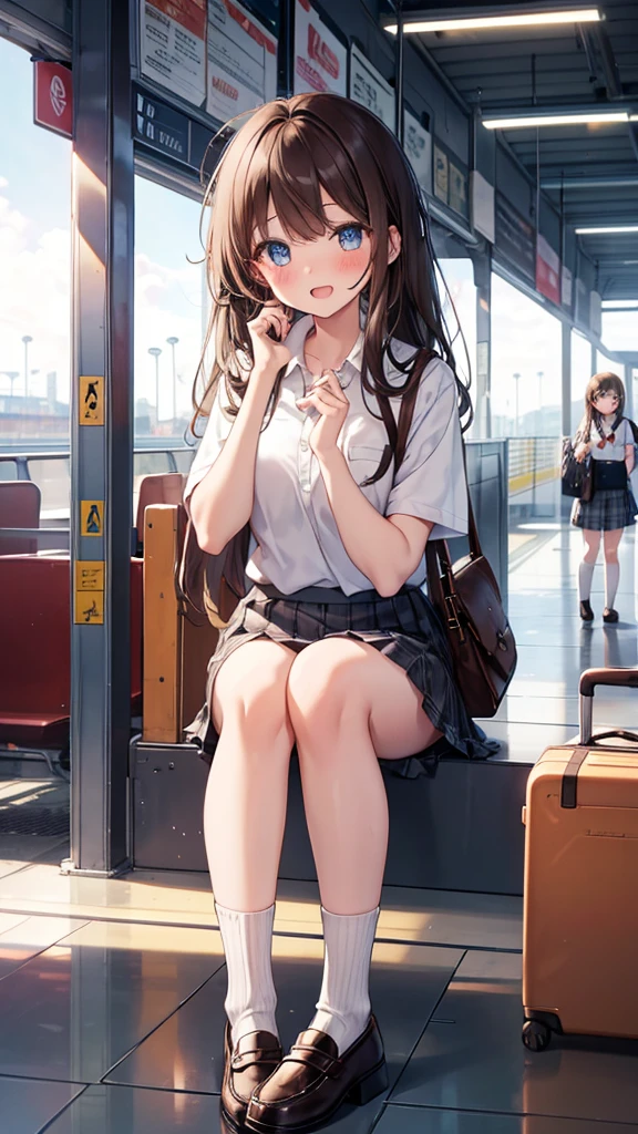 long hair, looking at viewer, blush, smile, open mouth, bangs, blue eyes, multiple girls, skirt, brown hair, shirt, black hair, short sleeves, brown eyes, long hair, sitting, white polo shirt, pleated skirt, outdoors, open clothes, shoes, day, socks, striped, collared shirt, hand up, 3girls, bag, plaid, kneehighs, nose blush, plaid skirt, brown footwear, flying sweatdrops, loafers, grey skirt, school bag, diagonal stripes, train station