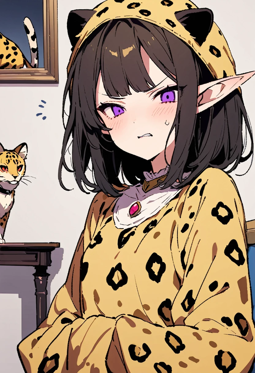 masterpiece, Highest quality, Illustration of the novel, High resolution, 18+ Adult content, Sensual, Intimate, Emotional, Passionate, romantic, sweet, Adorable, Innocent, Pure, charmな, charmな, charm, mysterious, charmな, charmな, Immersive, charmな, dream-like, Surreal, Imaginative, Whimsical, Artistic, Avant-garde, timeless, elegant, Sophisticated, chic, Sophisticated, Personality, original, charmな,((Loli Elf:1.3)),((A look of disgust:1.3))、Upper Body、(A Cheetah/A cheetah/Cheetah Dress:1.3)