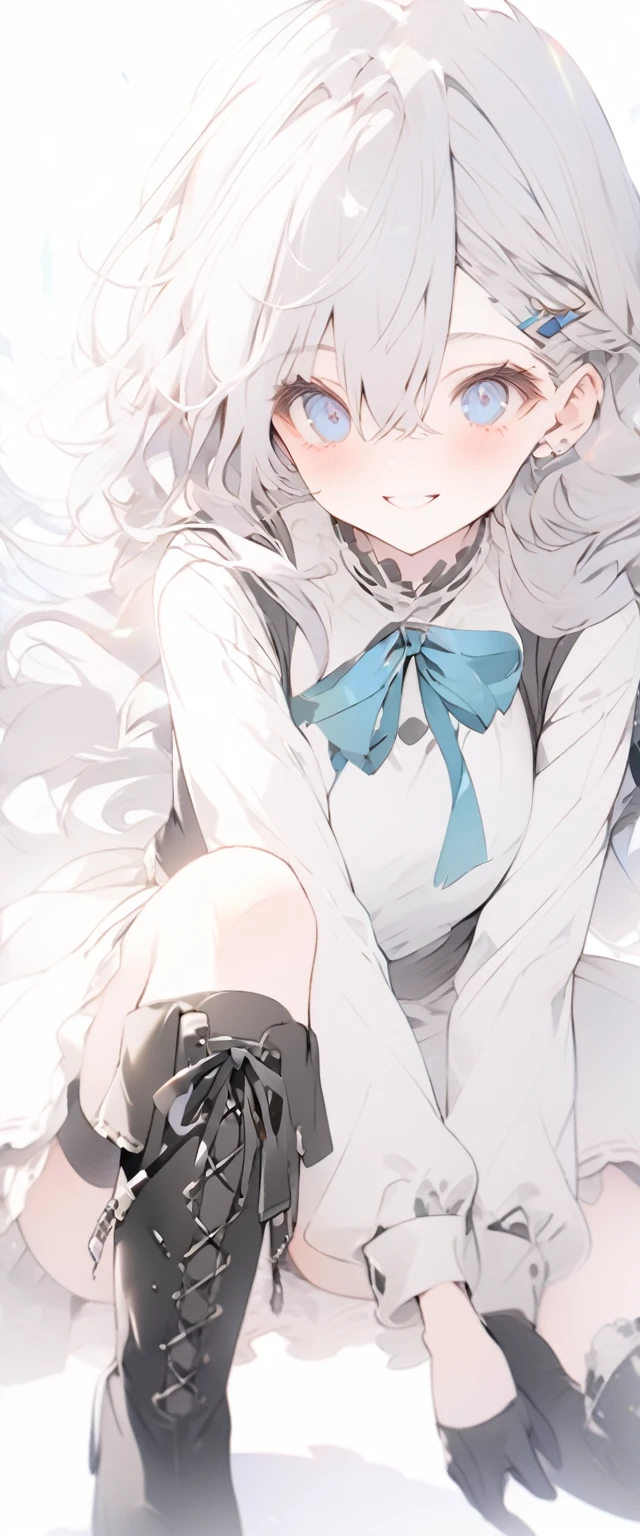 beautiful, masterpiece, Highest quality, anime, One girl, C Cup,Portrait Shot, View your viewers, Intricate details,>,((Covered、Long Hair、nearby、Blue Eyes、art、、White hair,Blue streaked hair、wallpaper、、hairpin、smile、Thighs、Plainer_Sci-fi clothes、Plainer_Gloves、Plainer_Knee-high boots、Plainer_Underskirt