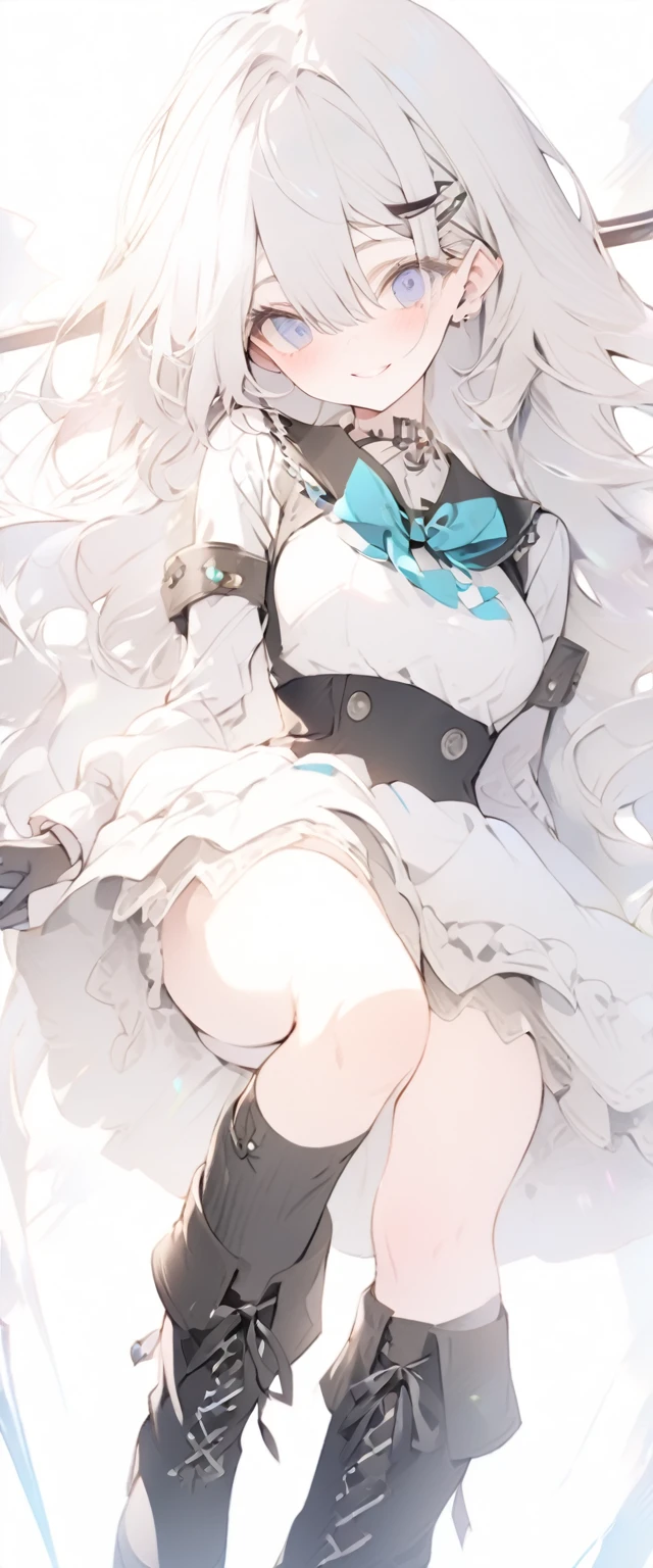 beautiful, masterpiece, Highest quality, anime, One girl, C Cup,Portrait Shot, View your viewers, Intricate details,>,((Covered、Long Hair、nearby、Blue Eyes、art、、White hair,Blue streaked hair、wallpaper、、hairpin、smile、Thighs、Plainer_Sci-fi clothes、Plainer_Gloves、Plainer_Knee-high boots、Plainer_Underskirt