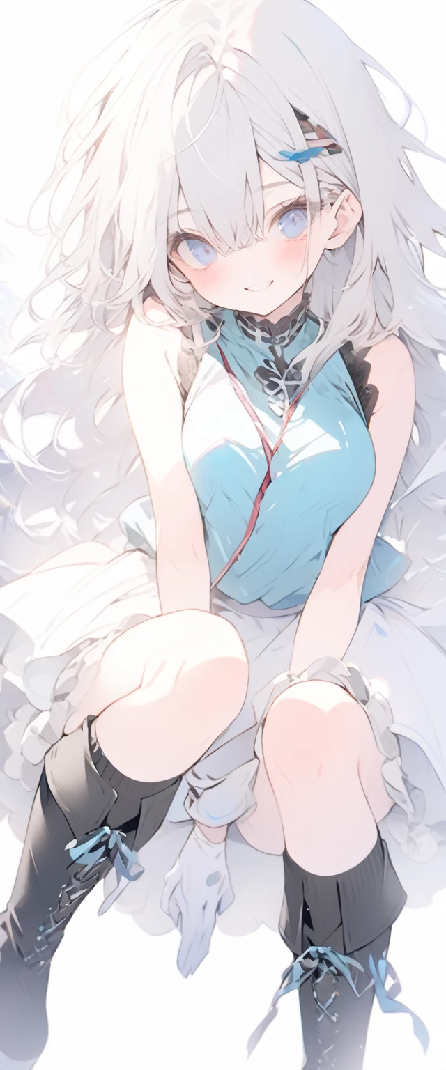 beautiful, masterpiece, Highest quality, anime, One girl, C Cup,Portrait Shot, View your viewers, Intricate details,>,((Covered、Long Hair、nearby、Blue Eyes、art、、White hair,Blue streaked hair、wallpaper、、hairpin、smile、Thighs、Plainer_Sci-fi clothes、Plainer_Gloves、Plainer_Knee-high boots、Plainer_Underskirt