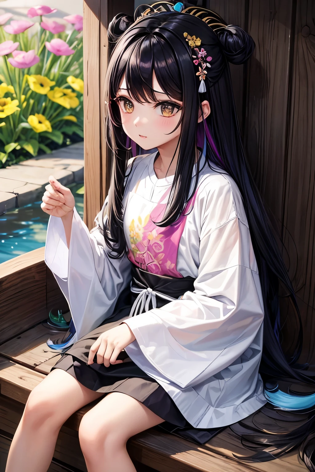 Rambut panjang warna ungu lurus pakai bando bunga warna putih pakai baju warna hitam lengan panjang celana panjang warna hitam wajah lucu 