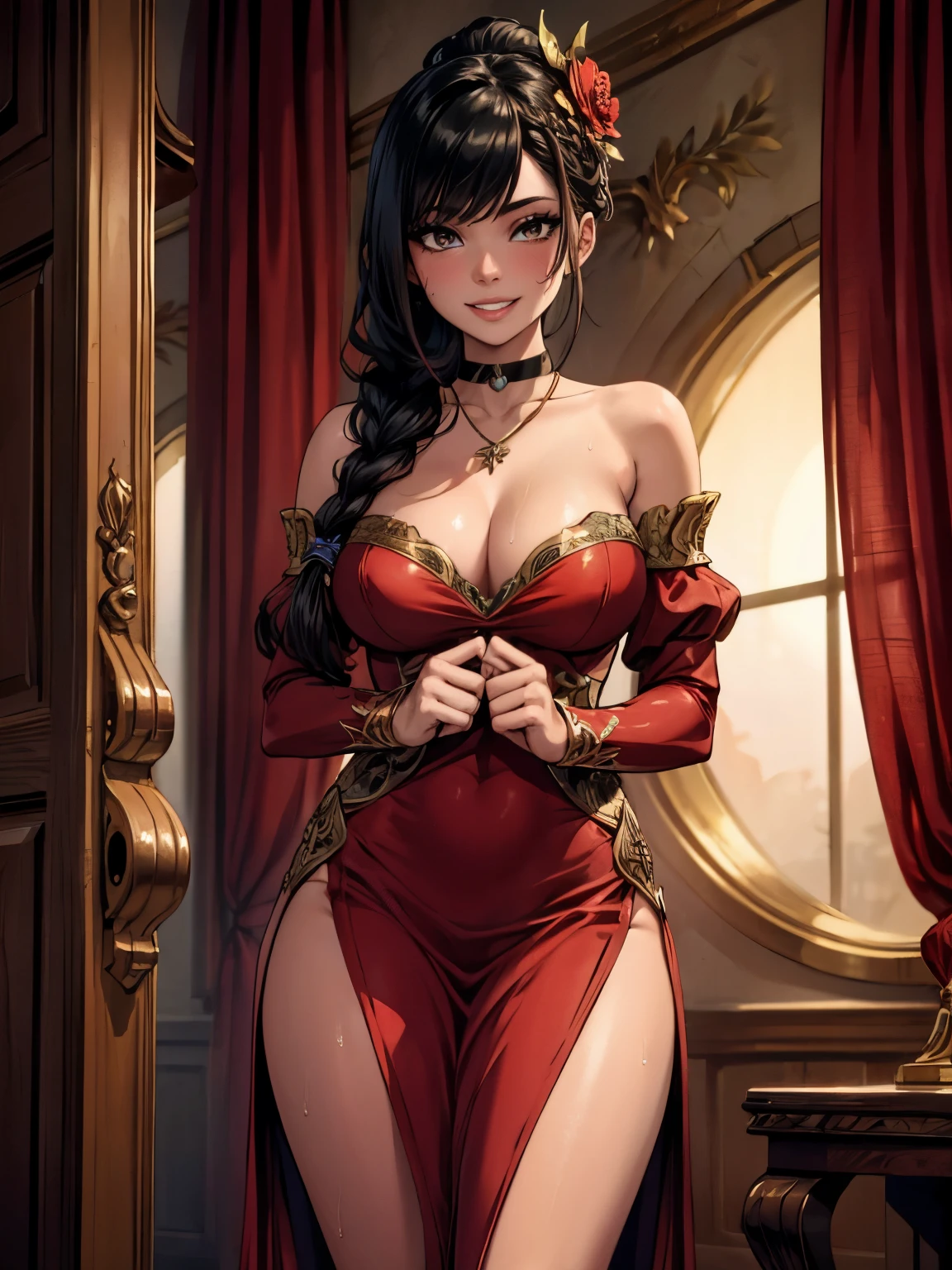 beautiful, masterpiece, best quality, extremely detailed face, perfect lighting, 1girl, hmpris, long hair, braided bangs, low ponytail, hair ornament, choker, collarbone, necklace, cleavage,  shoulders, red dress, detached sleeves, black sleeves, throne room background,  smile, teeth visible when smiling, full body, right hand holding red fan, sweat on shoulders, sultry look, 
