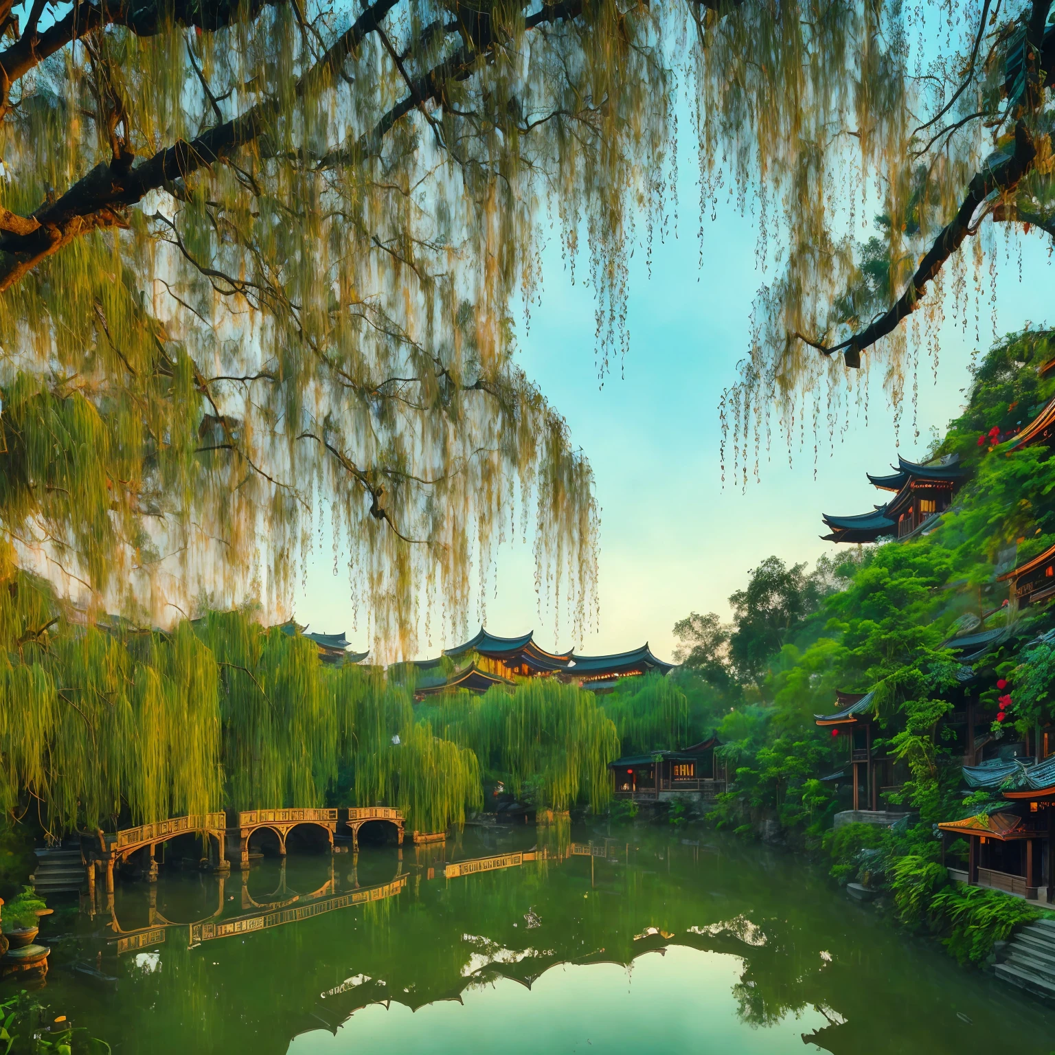 At dusk, green trees, willows flying, surrounded by blue water, small bridges and flowing water, antique color, floral fragrance, warm as jade, birds singing and flowers, water town paintings, leisurely, real photography, 16K resolution