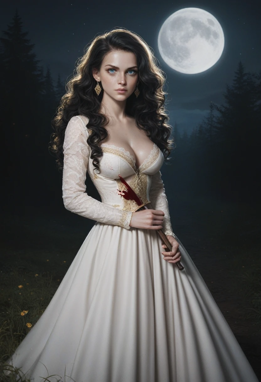 score_9, score_8_up, score_7_up, score_6_up, 1girl, solo, (black_hair:1.5), wavy_hair, jewelry, dress, blue_eyes, earrings, (long_hair:1.5), looking_at_viewer, curly_hair, full_body, lips, lace, white_dress, gold_dress, (night:1.3), cxqz8r, medieval_dress, medieval_landscape, fullmoon, rpg, (rape_face:1.5), narrow_waist, (skinny:1.3), (pale_skin:1.4), (large_breasts:1.2), (severed_arm:1.5) in the hand, blood, blood_on_hands, blood_on_clothes, (holding_limb:1.5)