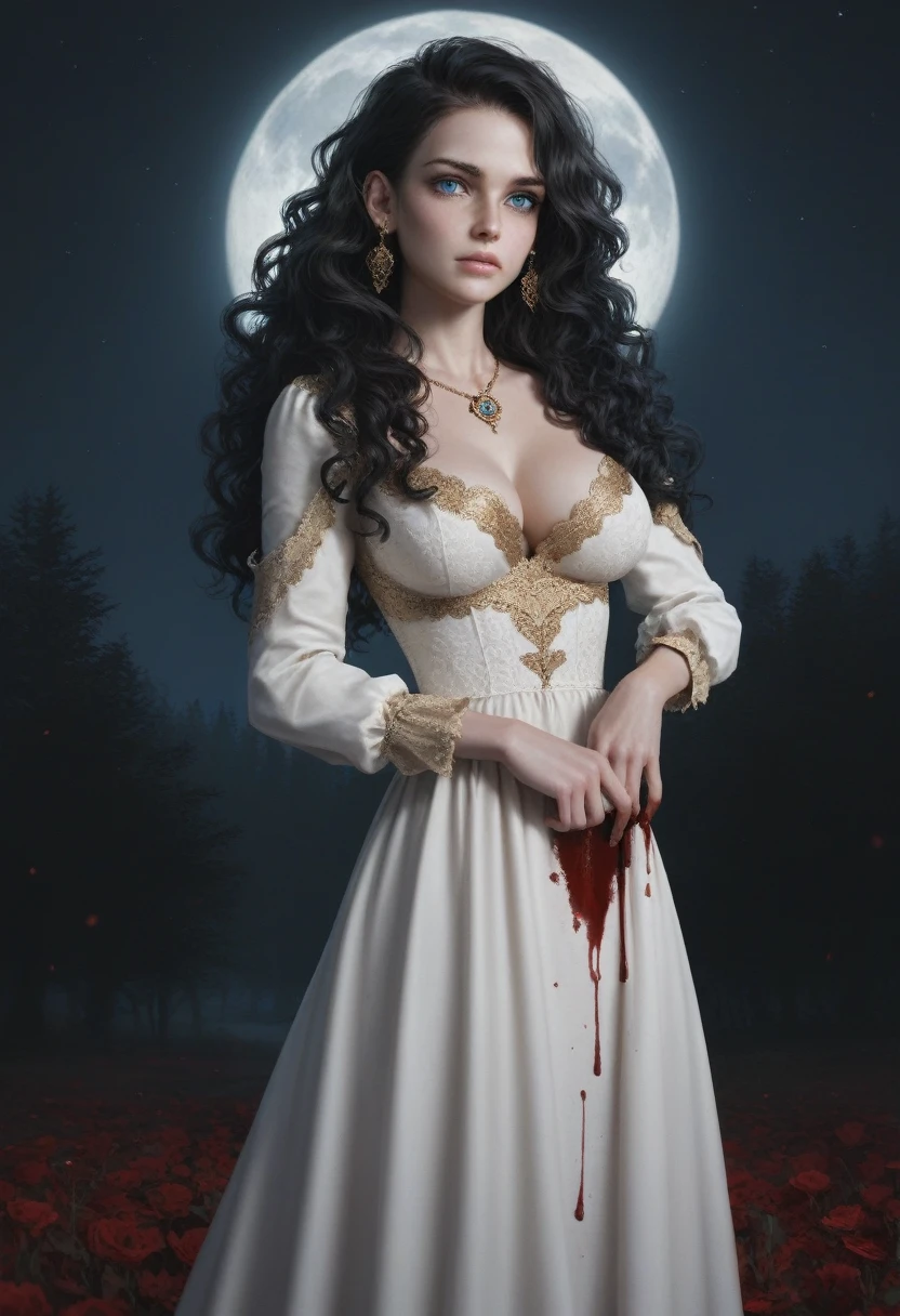 score_9, score_8_up, score_7_up, score_6_up, 1girl, solo, (black_hair:1.5), wavy_hair, jewelry, dress, blue_eyes, earrings, (long_hair:1.5), looking_at_viewer, curly_hair, full_body, lips, lace, white_dress, gold_dress, (night:1.3), cxqz8r, medieval_dress, medieval_landscape, fullmoon, rpg, (_face:1.5), narrow_waist, (skinny:1.3), (pale_skin:1.4), (large_breasts:1.2), (severed_head:1.5) in the hand, blood, blood_on_hands, blood_on_clothes, (holding_limb:1.5)
