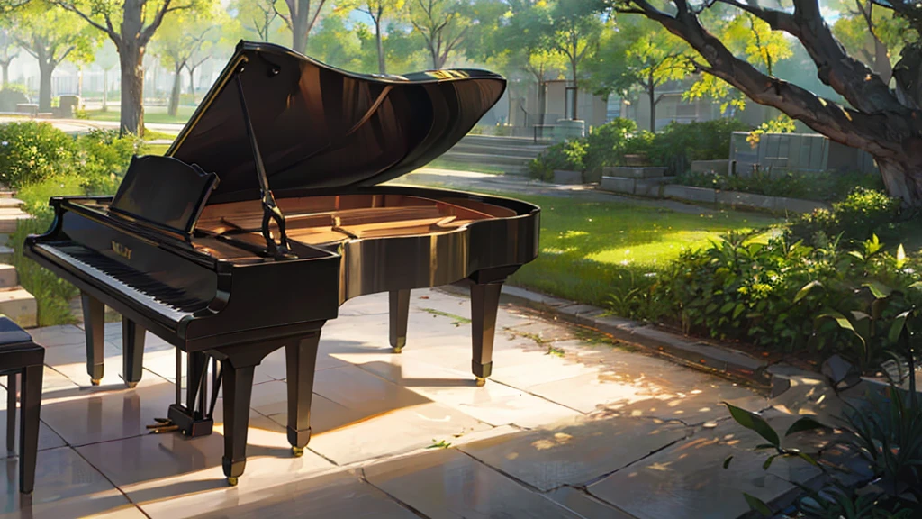 A grand piano placed under a large tree、The soft sunlight filtering through the trees makes it sparkle.、One grand piano、There is no one、With Makoto Shinkai-esque illustration touch、Rough anime style