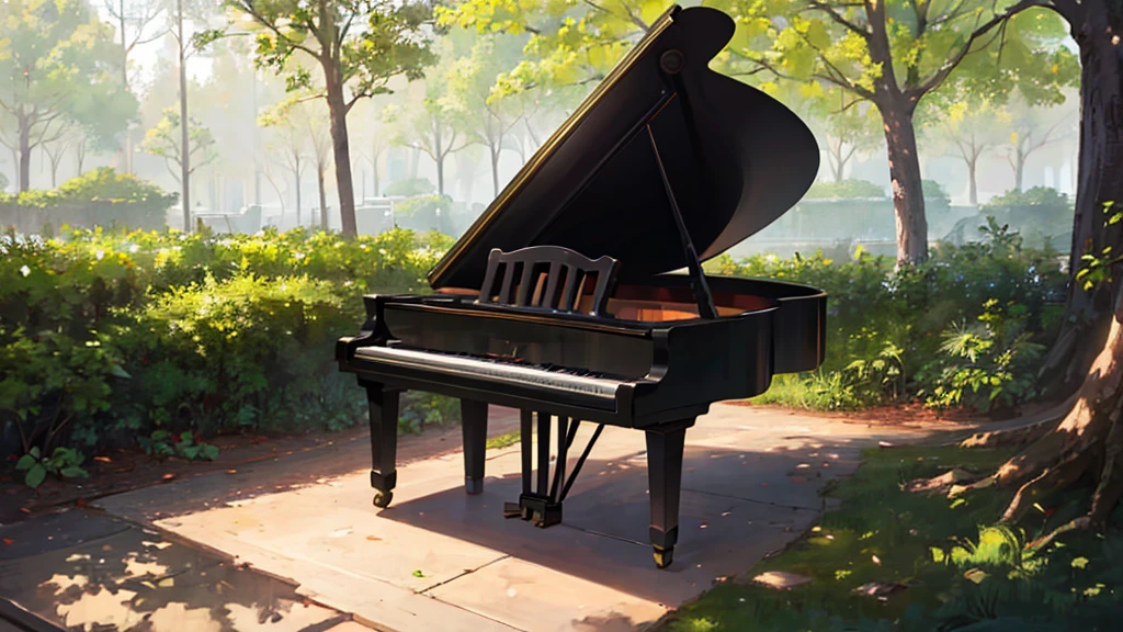 A grand piano placed under a large tree、The soft sunlight filtering through the trees makes it sparkle.、One grand piano、There is no one、With Makoto Shinkai-esque illustration touch、Rough anime style