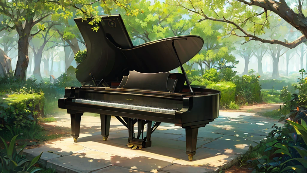 A grand piano placed under a large tree、The soft sunlight filtering through the trees makes it sparkle.、One grand piano、There is no one、With Makoto Shinkai-esque illustration touch、Rough anime style