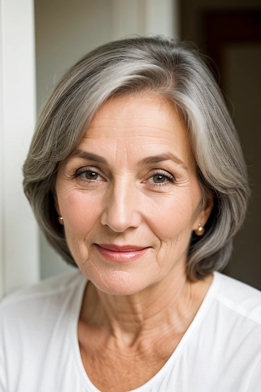 An older woman who is young and beautiful, has no wrinkles on her face, and has gray hair.
