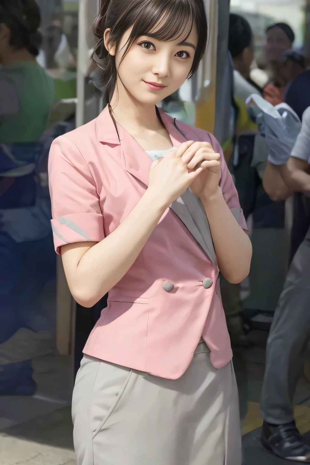 (masterpiece:1.2, Highest quality:1.2), 32k HDR, High resolution, (alone、1 girl)、 (Height: 160cm)、(On the rooftop of a building in the daytime、Professional Lighting)、Building rooftop background、(Nankai train crew uniform pinkを着たリアルスタイル)、(Nankai train crew uniform pink short sleeve collarless pink jacket、Nankai Train Crew Uniform Pink Collarless Short Sleeve Blouse、Nankai Train Crew Uniform Pink Grey Knee-length Culottes)、(The pink jacket is showing from the culottes.)、Dark brown hair、(Hair tied up、Hair tied up、Evening curly hairstyle)、Dark brown hair、Long Shot、Big Breasts、Thin legs、((Great hands:2.0)),((Harmonious body proportions:1.5)),((Normal limbs:2.0)),((Normal finger:2.0)),((Delicate eyes:2.0)),((Normal eyes:2.0)))、smile、(Nankai Train Crew Uniform Pink Grey Knee-length Culottesを見せた美しい歩く姿)、Place your hands around your stomach、Lanyard employee ID card