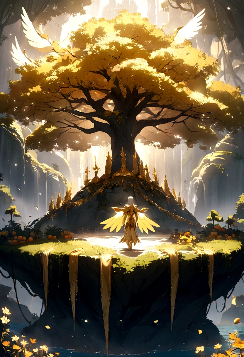 A big tree，Full of shiny fruits，Standing alone on a small island in the high seas，Around them float warrior angels with shining wings of gold and silver.