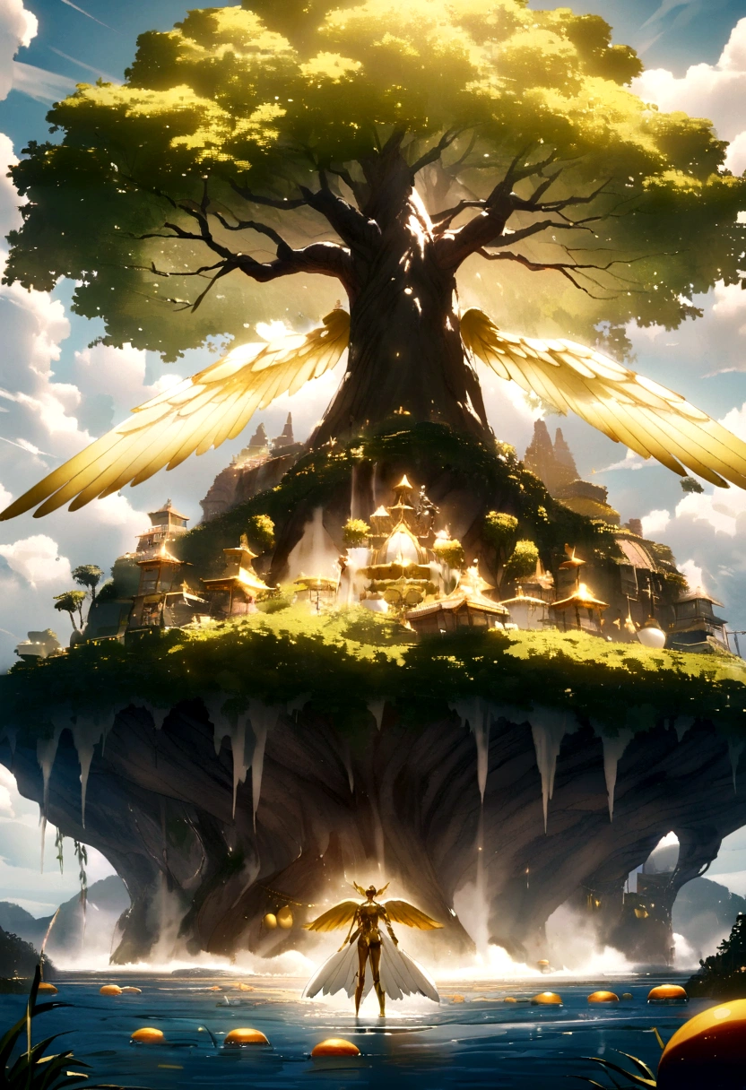 A big tree,Full of shiny fruits,Standing alone on a small island in the high seas,Around them float warrior angels with shining wings of gold and silver.