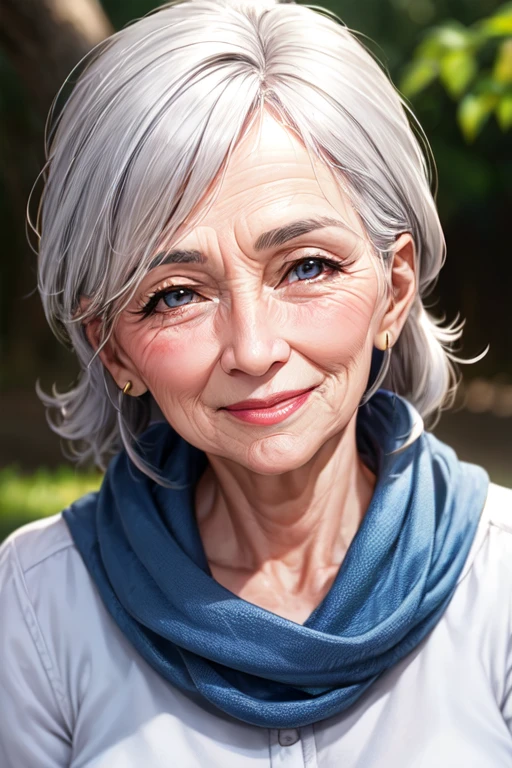An older woman who is young and beautiful, has no wrinkles on her face, and has gray hair.