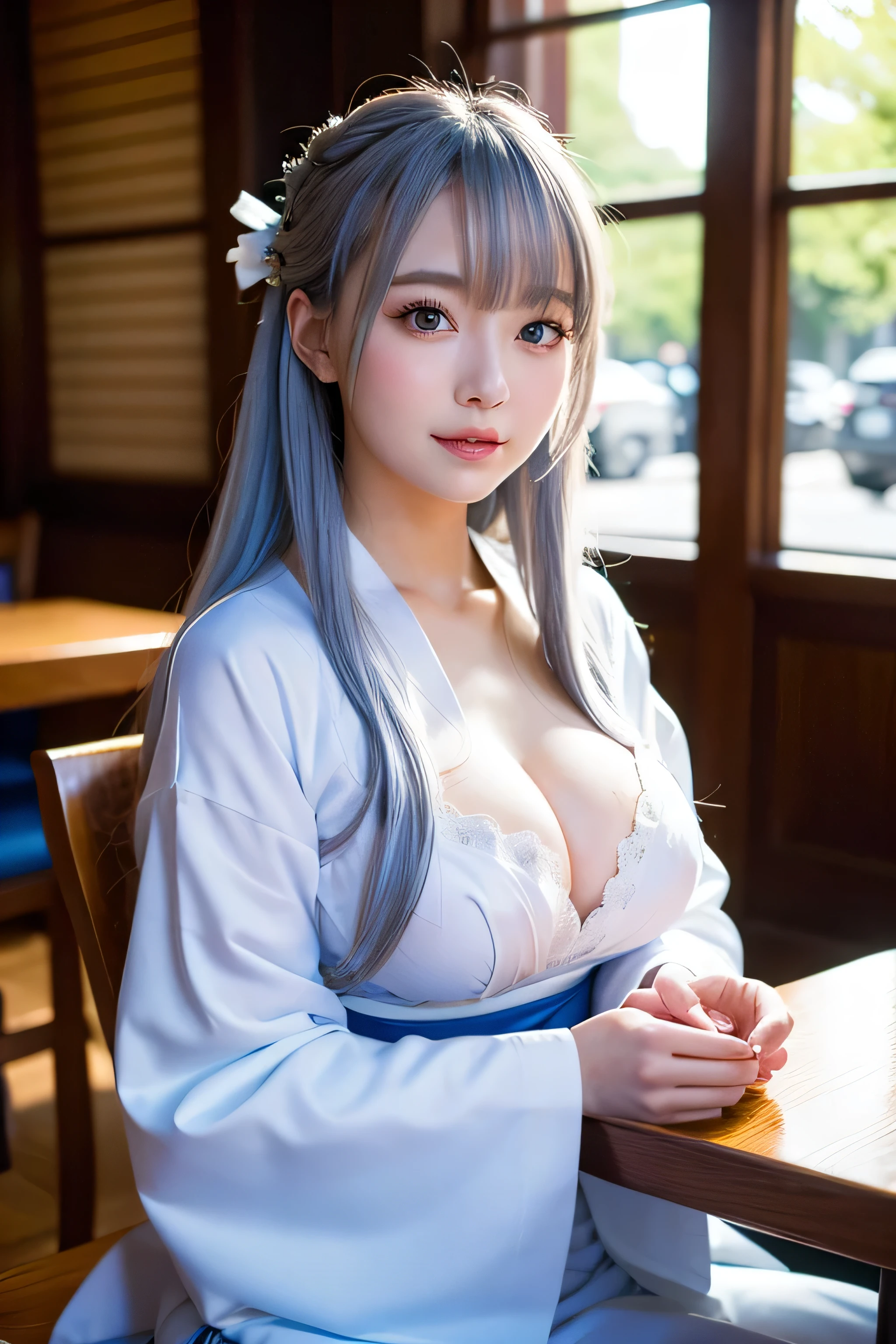 ((Highest quality)), ((masterpiece)), (detailed), One girl, sexy,White kimono,White long-sleeved kimono,Shiny blue long hair,Silver Hair,Cafe,Background Blur,Bust Emphasis,Large Breasts,sit opposite