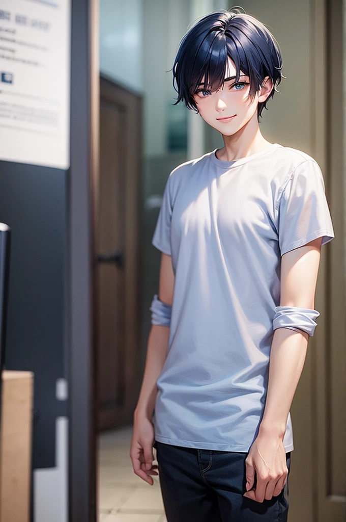 male 20-year-old short hair Dark blue hair Blue Eyes Front view smile