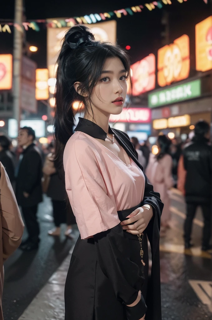 (((best quality))),(((ultra detailed))),(((masterpiece))),illustration,1girl,slim,vibrant rose-pink cotton dress,short ponytail,flat chest,pantyhose,standing, bustling city streets, honking cars,surrounded by crowded crowds, colorful advertisements,enjoying sights and sounds,(dark black skin:1.5),(day scene:1.3),upper body,arms behind back
