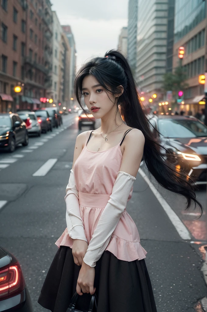 (((best quality))),(((ultra detailed))),(((masterpiece))),illustration,1girl,slim,vibrant rose-pink cotton dress,short ponytail,flat chest,pantyhose,standing, bustling city streets, honking cars,surrounded by crowded crowds, colorful advertisements,enjoying sights and sounds,(dark black skin:1.5),(day scene:1.3),upper body,arms behind back