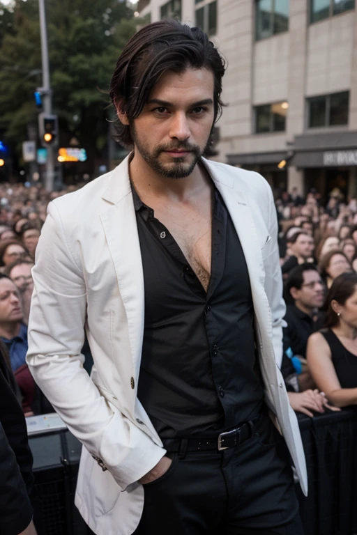 Handsome thin White man medium black hair black suit Stubble beard attending a rock concert