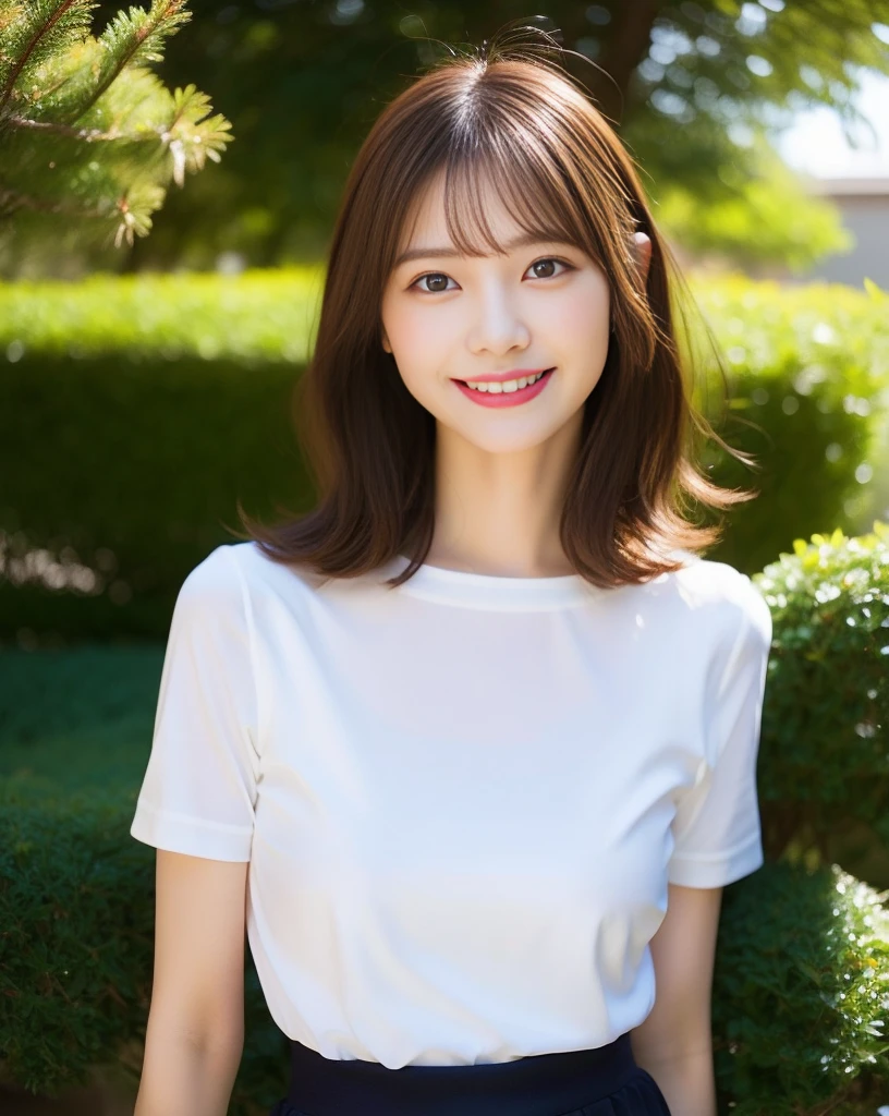 Highest quality、Super detailed、masterpiece、Real、写真Real、One girl、(cute28歳の少女、Small Head)、(cute:1.2)、Big smile、(Brown Hair、Short bob hair)、Brown eyes、Perfect Glowing Skin、((Slender))、((Perfect body))、Model pose、Accurate depiction、w 、Red swimsuit、Big ample breasts、Bright lighting、sunny day、garden、Blurred background、Large Breasts
