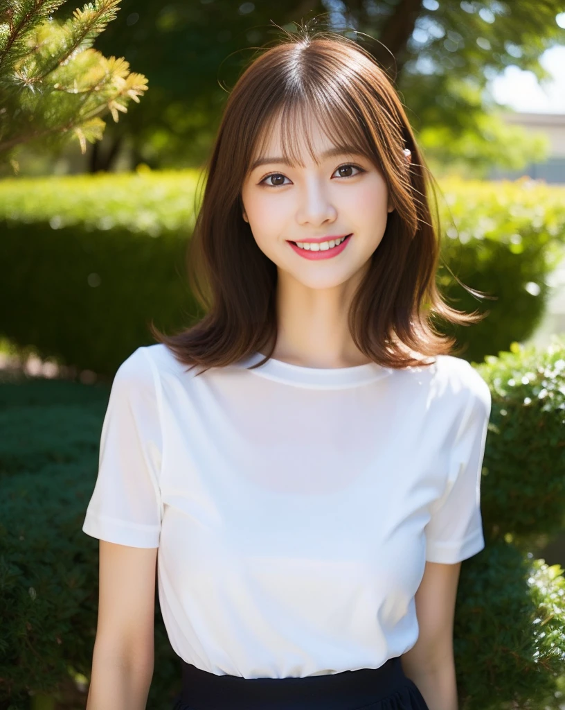 Highest quality、Super detailed、masterpiece、Real、写真Real、One girl、(cute28歳の少女、Small Head)、(cute:1.2)、Big smile、(Brown Hair、Short bob hair)、Brown eyes、Perfect Glowing Skin、((Slender))、((Perfect body))、Model pose、Accurate depiction、w 、Red swimsuit、Big ample breasts、Bright lighting、sunny day、garden、Blurred background、Large Breasts