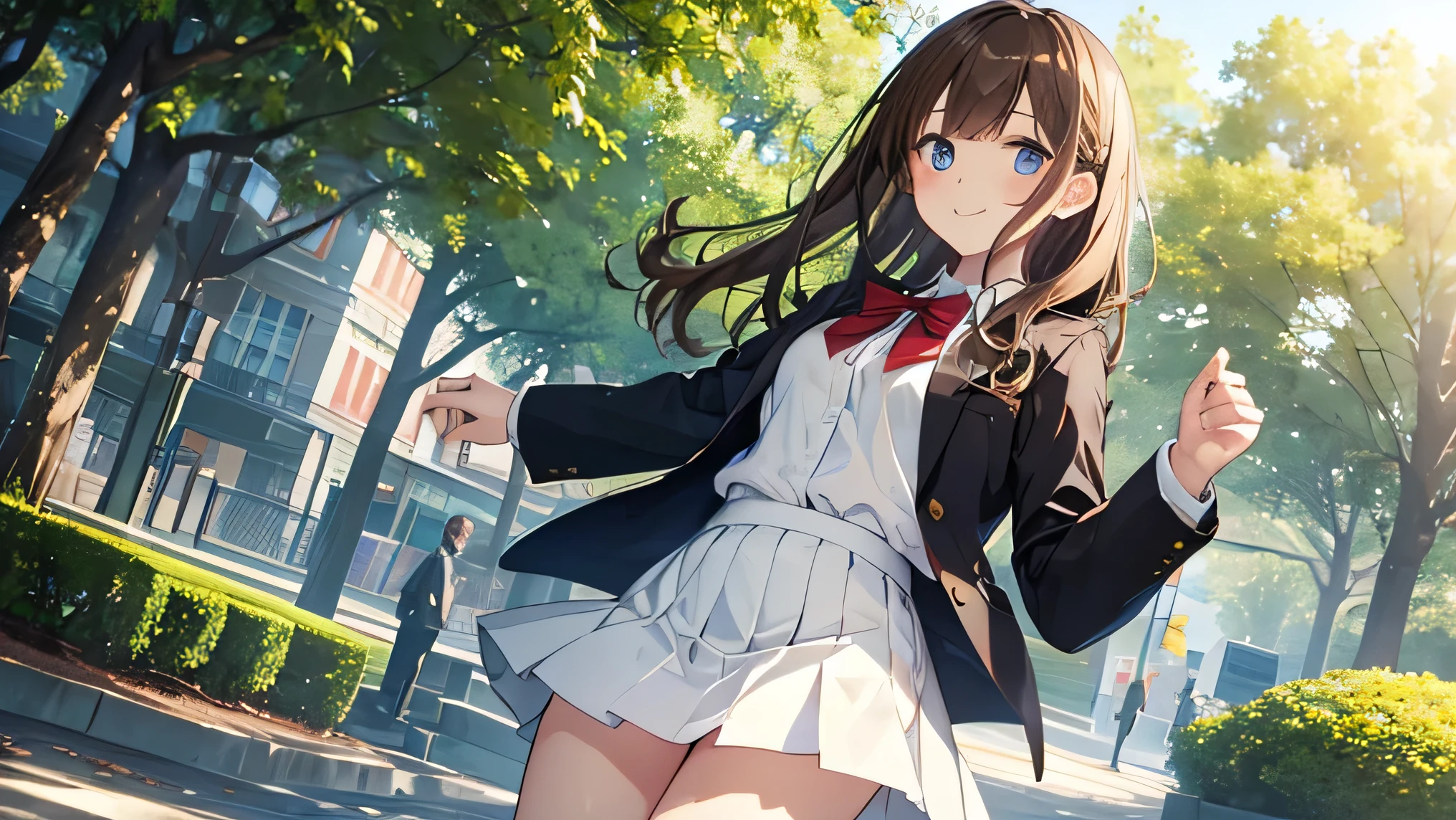 In one girl、fun、High school blazer with popular design、white shirt、pleated skirt、white skirt、(small breasts, brown hair,school ,blue eyes, de pie, smiling, lazo color rojo, in the park
