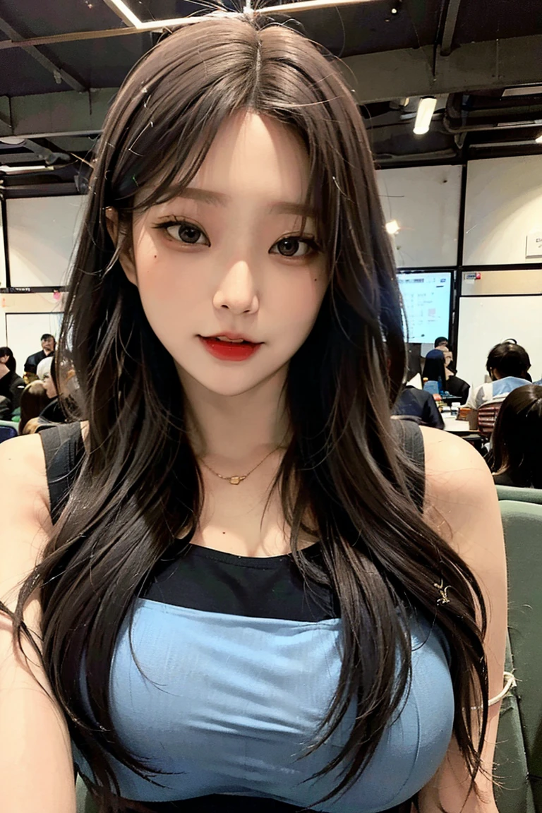 1 girl,  korean, , korean doll, beautiful face, crop top, college girl, (giant crowded lecture hall filled with students), ((people watching)), (crowd), flash photo, (pov :1), undertable, stealth ,